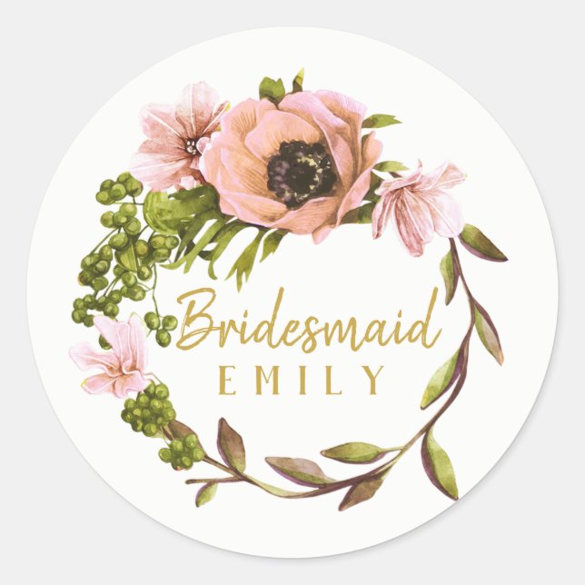 Pink Peony Wreath Bridesmaid Name ID456 Runder Aufkleber (Vorderseite)