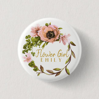 Pink Peony Wreath Flower Girl Name ID456 Button