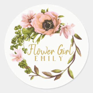 Pink Peony Wreath Flower Girl Name ID456 Runder Aufkleber