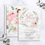 Pink Peony Wreath Rose Gold Marble 50 & Fabulous Einladung<br><div class="desc">Nimmt mein bisher beliebtes Design auf, diese wunderbare Geburtstagseinladung enthält die schönsten Aquarellfloralen, die ich je gesehen habe - so realistisch, dass sie wie Fotos aussehen! Ein Kranz aus rosa Eichenbäumen und Aschelbäumen, Dahlien, Alliumbällen, Eukalyptuszweigen und ein zartes burgundisches Chrysanthemum umschließen eine Rose-Goldfolie "50 & fabulous" mit handgeschriebenen Schriftzeichen, die...</div>