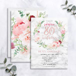 Pink Peony Wreath Rose Gold Marmor Überraschung 80 Einladung<br><div class="desc">Nimmt mein bisher beliebtes Design auf, diese wunderbare Überraschungsgeburtstagseinladung enthält die schönsten Aquarellfloralen, die ich je gesehen habe - so realistisch, dass sie wie Fotos aussehen! Ein Kranz aus rosa Bäuche und Aschelbäumen, Dahlien, Alliumbällen, Eukalyptuszweigen und ein zartes burgundisches Chrysanthemum umschließen eine Rose-Goldfolie aus Imitaten mit handgeschriebenem Drehbuch, die auf...</div>