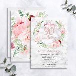 Pink Peony Wreath Rose Gold Marmor Überraschung 90 Einladung<br><div class="desc">Nimmt mein bisher beliebtes Design auf, diese wunderbare Überraschungsgeburtstagseinladung enthält die schönsten Aquarellfloralen, die ich je gesehen habe - so realistisch, dass sie wie Fotos aussehen! Ein Kranz aus rosa Bäuche und Aschelbäumen, Dahlien, Alliumbällen, Eukalyptuszweigen und ein zartes burgundisches Chrysanthemum umschließen eine Rose-Goldfolie aus Imitaten mit handgeschriebenem Drehbuch, die auf...</div>