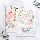 Pink Peony Wreath Rose Goldmarmor Typografie 30. Einladung<br><div class="desc">Nimmt mein bisher beliebtes Design auf, diese wunderbare Geburtstagseinladung enthält die schönsten Aquarellfloralen, die ich je gesehen habe - so realistisch, dass sie wie Fotos aussehen! Ein Kranz aus rosa Bäuche und Aschelbäumen, Dahlien, Alliumbällen, Eukalyptuszweigen und ein zartes burgundisches Chrysanthemum umschließen eine Rose-Goldfolie aus Imitaten mit handgeschriebenen Schriften, die auf...</div>