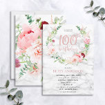 Pink Peony Wreath Rose Goldmarmortypografie 100 Einladung<br><div class="desc">Nimmt mein bisher beliebtes Design auf, diese wunderbare Geburtstagseinladung enthält die schönsten Aquarellfloralen, die ich je gesehen habe - so realistisch, dass sie wie Fotos aussehen! Ein Kranz aus rosa Bäuche und Aschenbäumen, Dahlien, Alliumbällen, Eukalyptuszweigen und ein zartes burgundisches Chrysanthemum umschließen eine Rose-Goldfolie "100. Geburtstag" mit handgeschriebenen Schriftzeichen, die auf...</div>