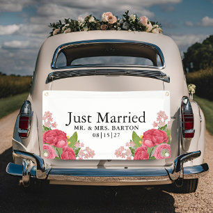 Pink Peonys Just Married Car Banner