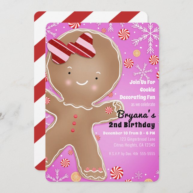 Pink Peppermint Gingerbret Mann Holiday Birthday Einladung (Vorne/Hinten)