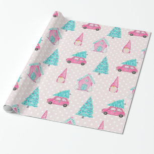 Pink Peppermint Gnome Weihnachtsbaummuster Geschenkpapier
