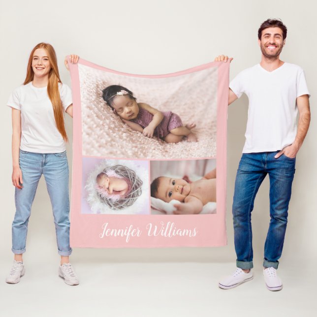 Pink Personalisiert Baby Girl Name & 3 Foto Collag Fleecedecke (Beispiel)