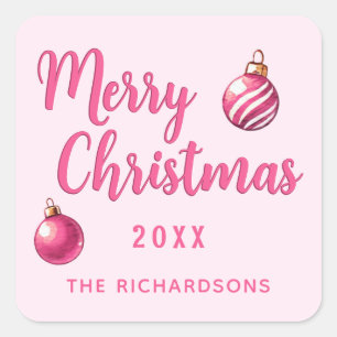 Pink Personalisiert Frohe Weihnachten Quadratischer Aufkleber