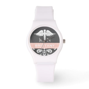 PINK PERSONALISIERT NURSE RN CADUCEUS CHALKBOARD ARMBANDUHR