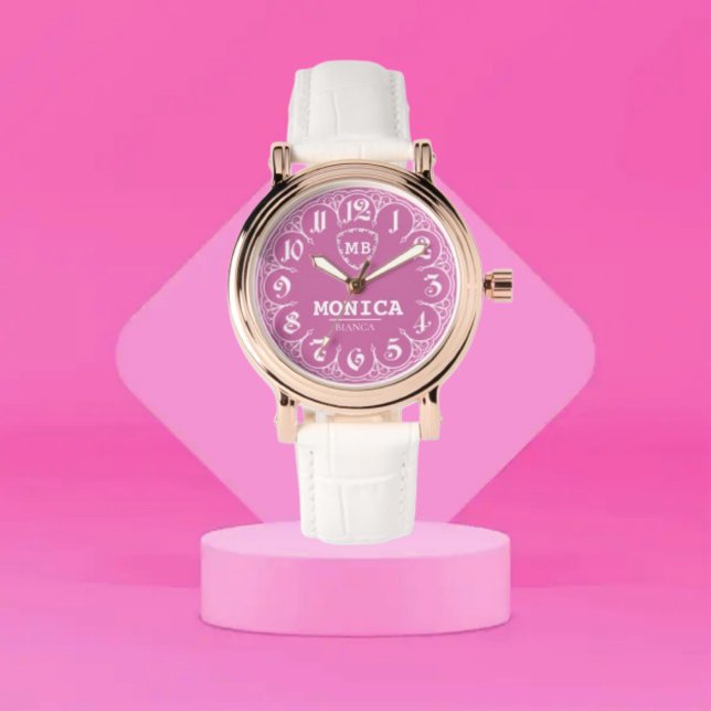 Pink Personalized with White LeatherMonogram Femin Armbanduhr (Von Creator hochgeladen)