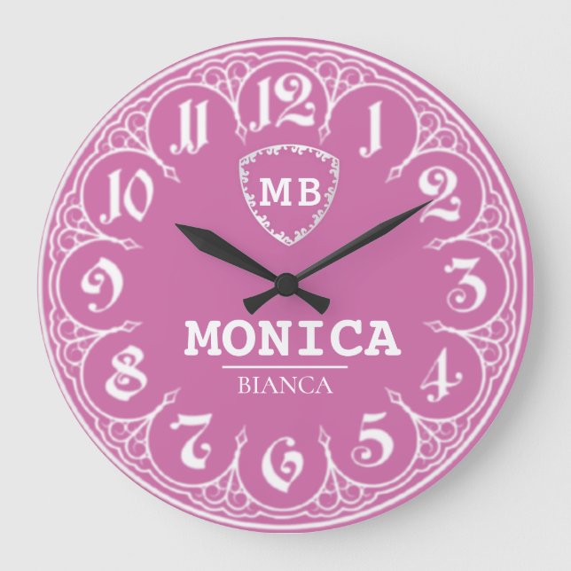 Pink Personalized with White LeatherMonogram Femin Große Wanduhr (Vorderseite)