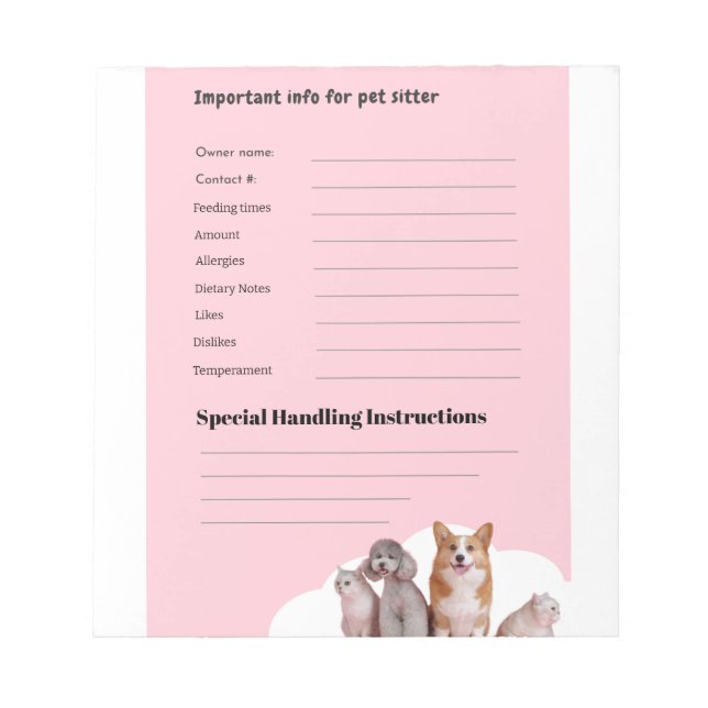 Pink Pet Sitting Intake Form Notepad Notizblock (Vorderseite)