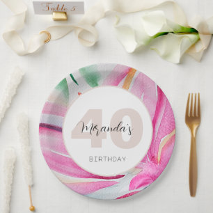 Pink Petal Floral Wasserfarbe Mit Monogramm Pappteller