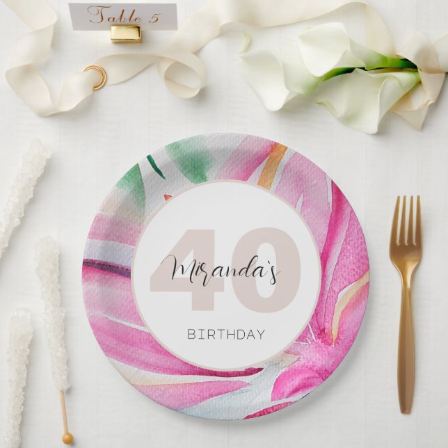 Pink Petal Floral Wasserfarbe Mit Monogramm Pappteller (Hochzeit)