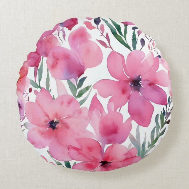Pink Petals | Watercolor Floral Painted Flowers Rundes Kissen (Vorderseite)