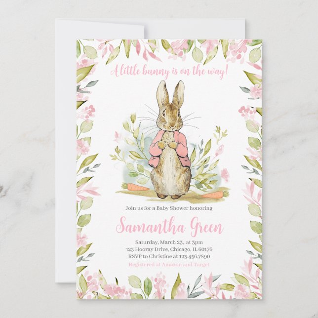 Pink Peter Rabbit Baby Dusche Einladung (Vorderseite)