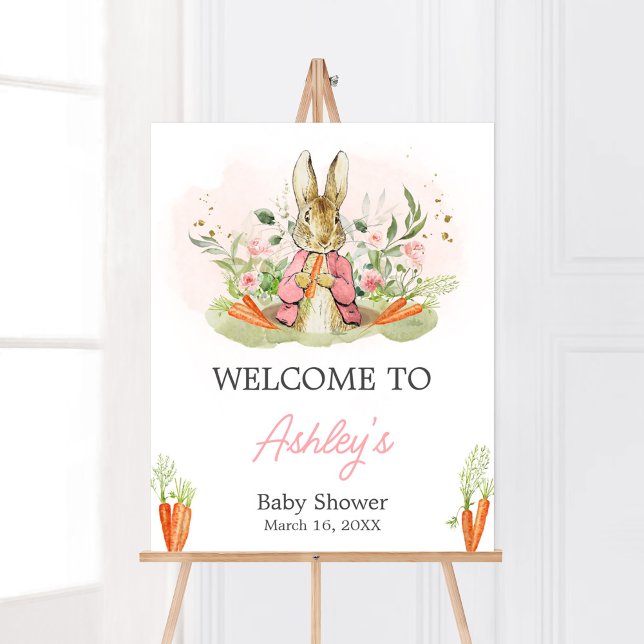 Pink Peter Rabbit Baby Dusche Willkommen Poster (A Little Bunny Spring Baby Shower Welcome Sign)