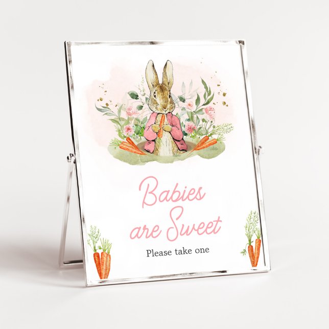 Pink Peter Rabbit Babydusche Babys sind süß Poster (A Little Bunny Spring Baby Shower Babies are Sweet Sign)