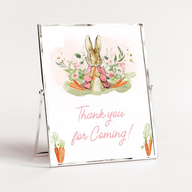 Pink Peter Rabbit Babydusche Vielen Dank für Ihr K Poster (A Little Bunny Spring Baby Shower Thank you for Coming Sign)