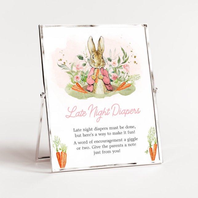 Pink Peter Rabbit Kinderdusche Spätnachtsspalter Poster (A Little Bunny Spring Baby Shower Late Night Diapers Sign)