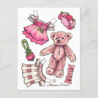 Pink Petunia Teddy Bear Paper Doll niedlich Postka