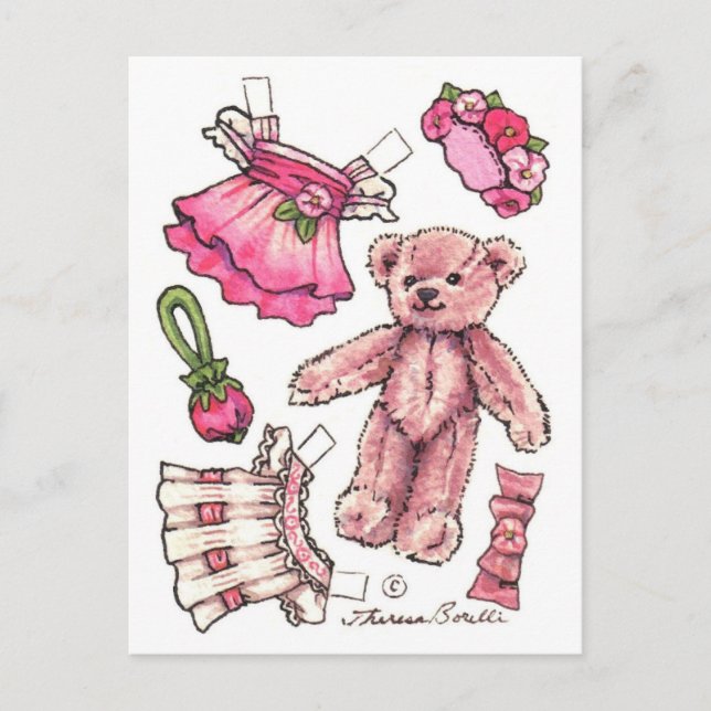 Pink Petunia Teddy Bear Paper Doll niedlich Postka Postkarte (Vorderseite)