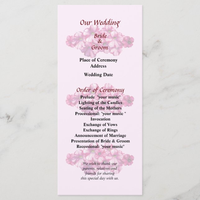 Pink Petunias Hochzeitsprogramm Programm (Vorderseite)