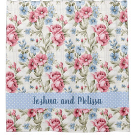 Pink Petunias und Sky Blue Daisies - Polka Dots Duschvorhang