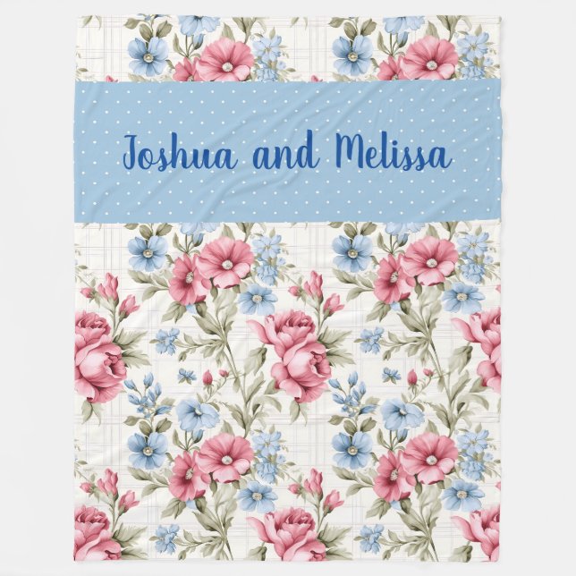 Pink Petunias und Sky Blue Daisies - Polka Dots Fleecedecke (Vorderseite)