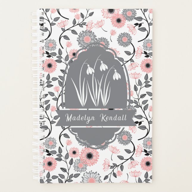 Pink & Pewter Laurentian Floral Custom Name Planer (Vorderseite)