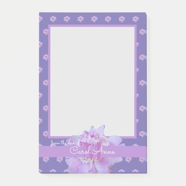 Pink Pey Lila Monogram Floral Post-it Klebezettel (Vorderseite)