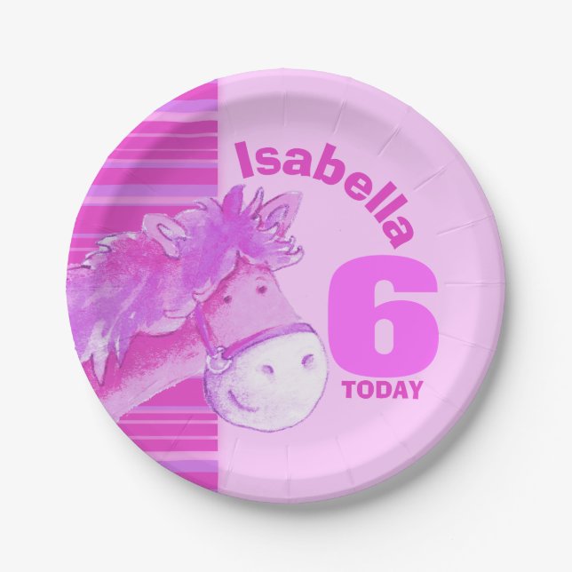 Pink Pferd Aquarell Geburtstagsfeier Pappteller (Vorderseite)