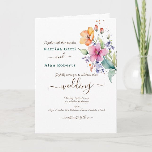 Pink Pfirsichgelbe Blüten Pfirsichfarben Gedeckte  Einladung (Vorderseite)