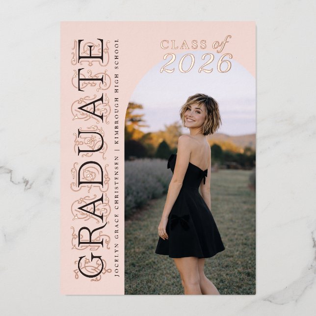 Pink Photo Graduation Rose Gold Foil Invitation Folieneinladung (Vorderseite)