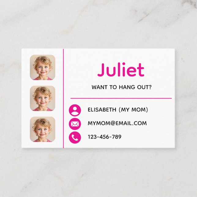 Pink Photo Kids Playdate Card Visitenkarte (Vorderseite)