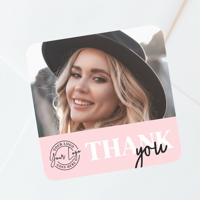 Pink Photo Logo Thank You Quadratischer Aufkleber (Pink Black Photo Logo Thank You Square Sticker)