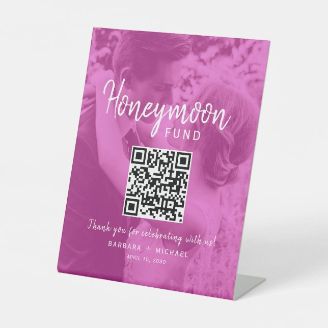 Pink Photo QR Honeymoon Fund Wedding Sockelschild (Vorderseite)
