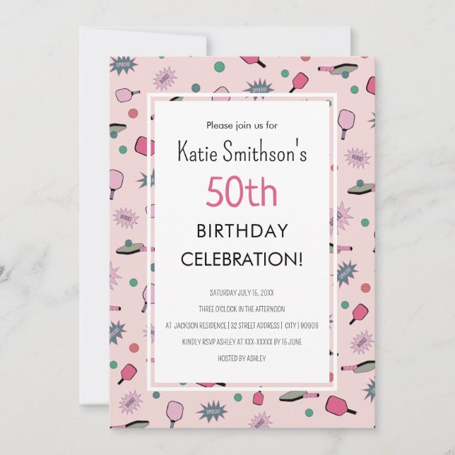 Pink Pickleball Party 50. Geburtstag Einladung (Vorderseite)