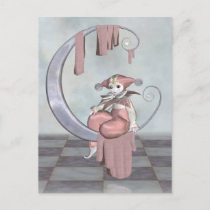 Pink Pierrot Clown-Puppe auf einem Silbermond Postkarte