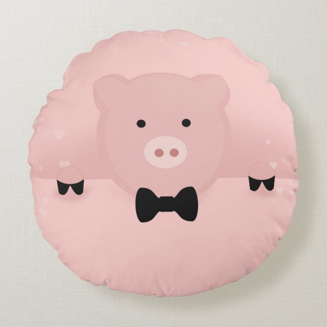 Pink Pig in der Black Bow-Krawatte Rundes Kissen (Vorderseite)