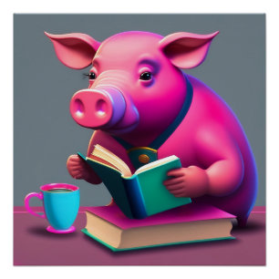 Pink Pig Lesen eines Buchplakats Poster