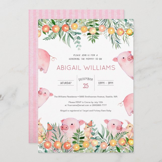 Pink Pig & Rabbit Baby Dusche aus Holz Einladung (Vorne/Hinten)