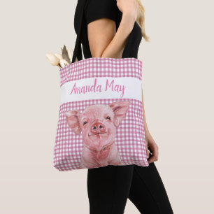 Pink Pig Watercolor Gingham Kariert Monogram