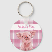 Pink Pig Watercolor Gingham Kariert Monogram