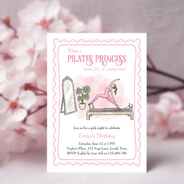 Pink Pilates Princess Girls Night Birthday Einladung (Pilates Princess birthday invitation with hand-drawn wiggly frame and reformer pilates scene)