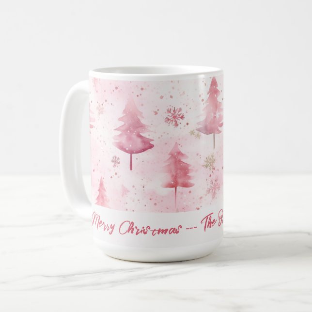 Pink Pine Trees Aquarell Weihnachten Kaffeetasse (Vorderseite Links)