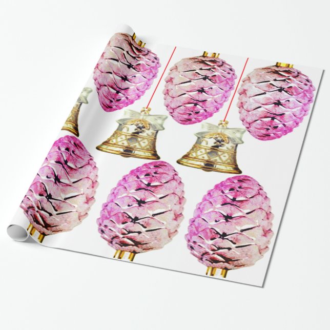 Pink Pinecones and Bells Wrapping Paper Geschenkpapier (Ungerollt)