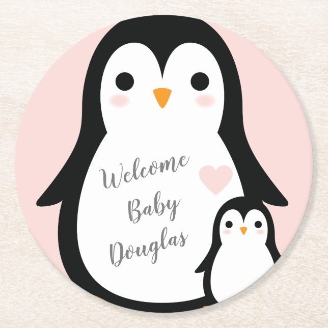 Pink Pinguin Baby Dusche Runder Pappuntersetzer (Vorderseite)