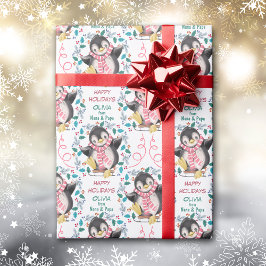 Pink Pinguin Sled Wreath Weihnachtswrapping Paper Geschenkpapier